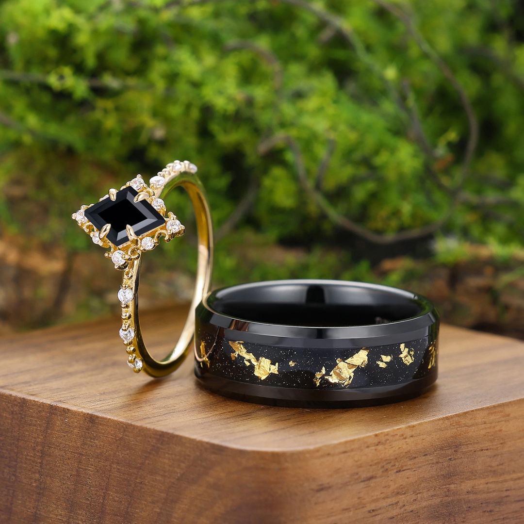 Delicate Black Onyx Half Eternity Engagement Couples Ring His And Hers Gold Black Tungsten Matching Wedding Band