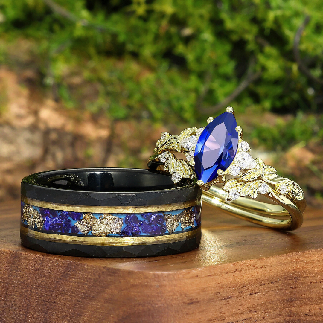 Unique Branch Sapphire Engagement Couple Rings Set Promise Blue Tungsten Marriage Ring Set