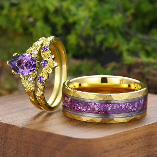 Leaf Inspired Pear Cut Amethyst Couple Rings Gold-plated His And Hers Matching Rings