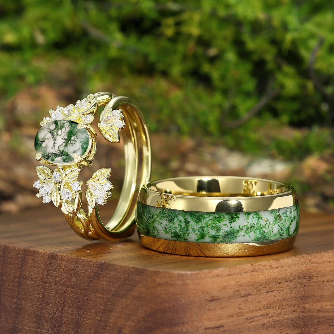 Floral Cluster Moss Agate Leaf Engagement Couple Rings Set Green Yellow Promise His And Hers Wedding Bands