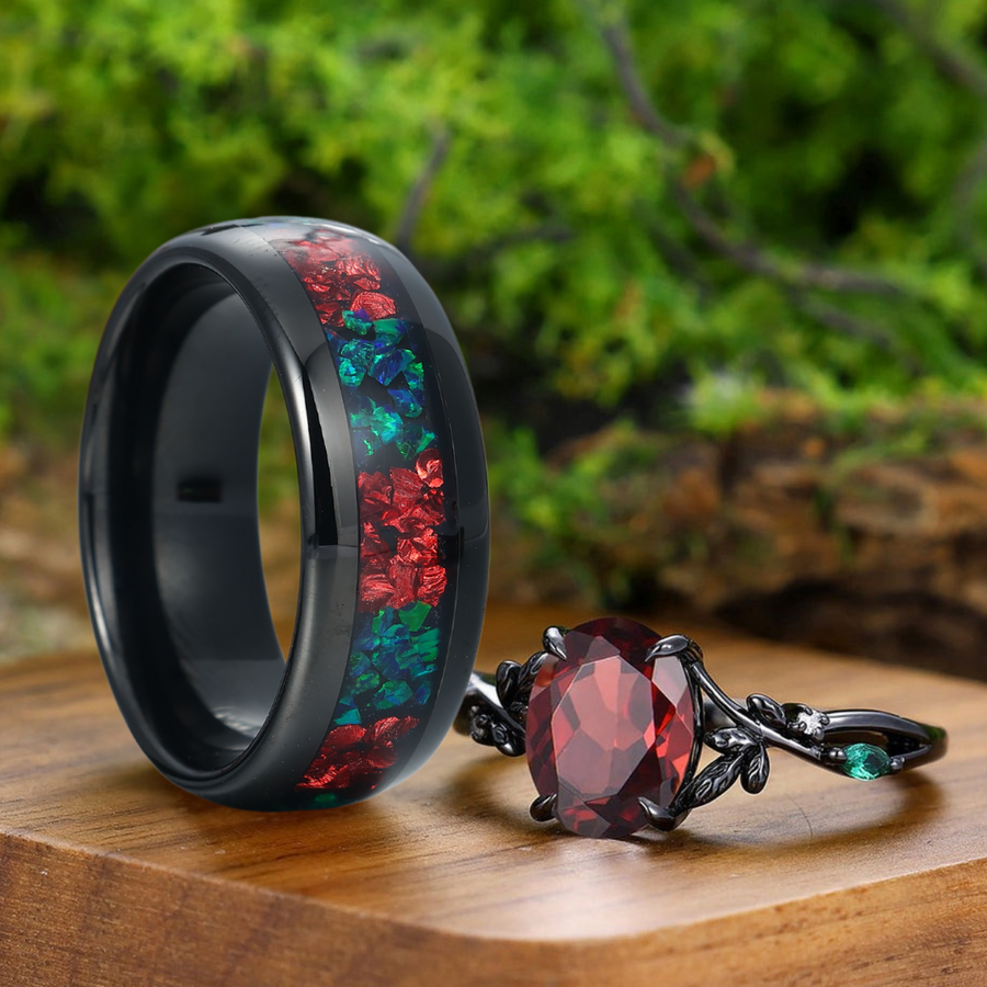 Stylish Natural Red Garnet Sprig Engagement Couple Rings Tungsten Matching His And Hers Anniversary Wedding Band.