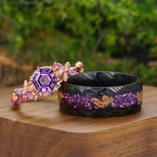 Personalized Hexagon Cut Natural Amethyst Couple Rings Leaf Inspired Rings For Him And Her