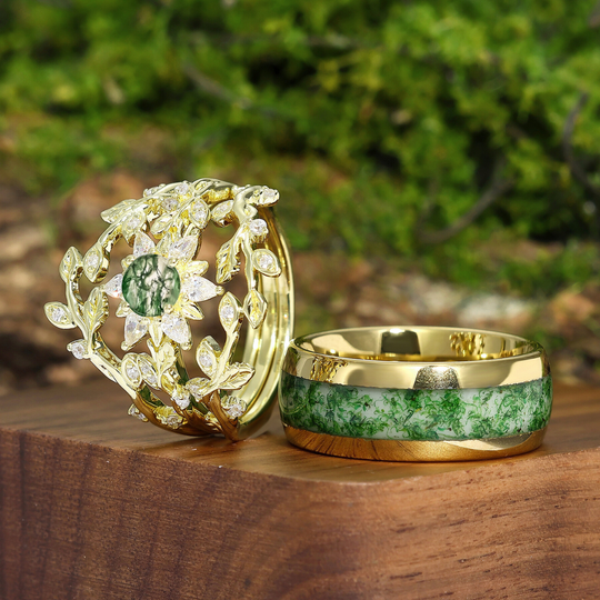 Artsy Olive Branch Moss Agate Nest Engagement Couple Rings Set Green Yellow Matching Promise Wedding Bands