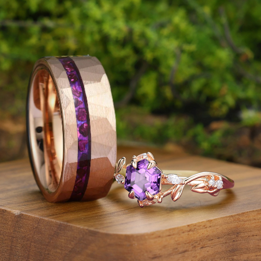 Anillo de Pareja de Amatista Púrpura Inspirado en la Naturaleza Anillo a Juego para Él y Ella en Oro Púrpura y Rosa