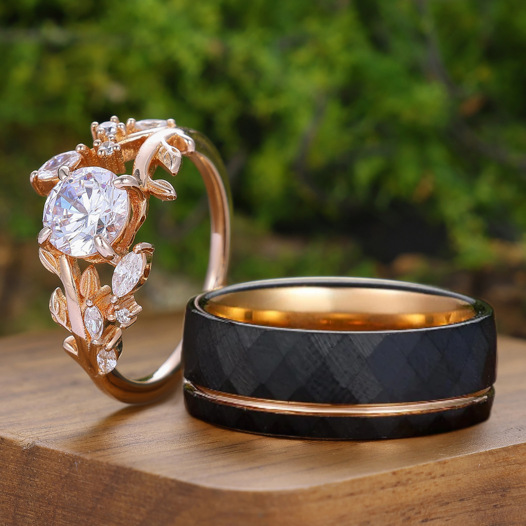 1,25CT Anello Coppia Inciso a Foglia con Moissanite Rotonda in Argento Sterling e Tungsteno Anelli Coordinati