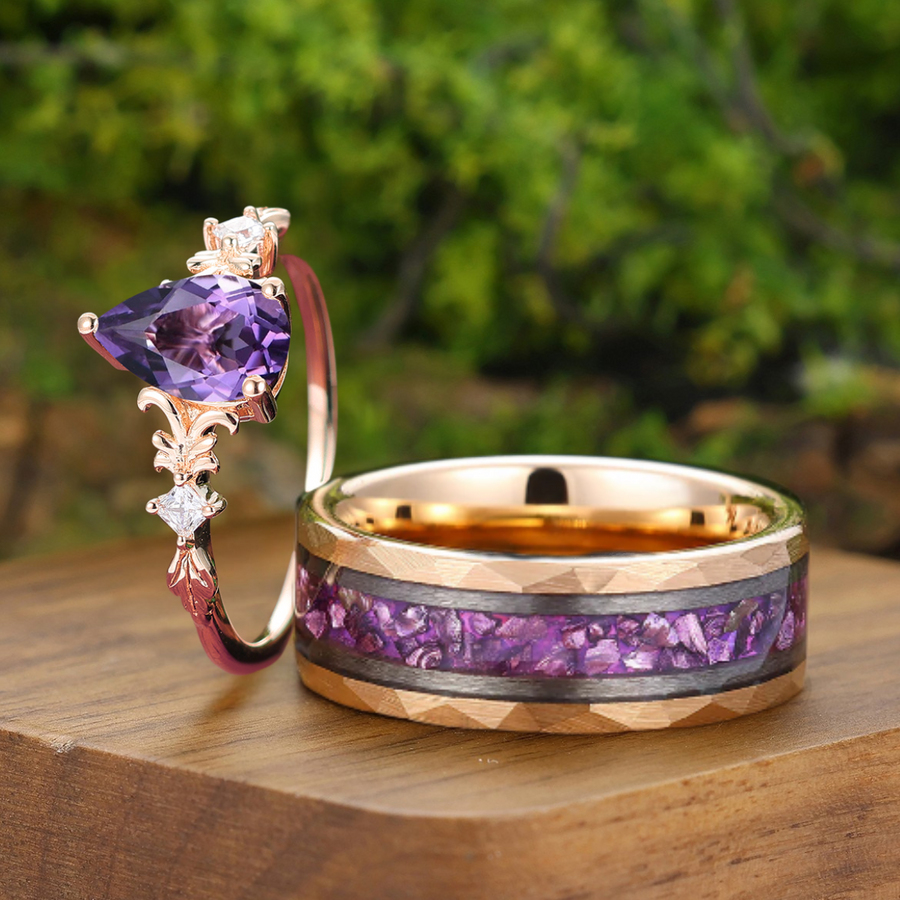 Anillo de pareja a juego para él y para ella, inspirado en la naturaleza, de amatista S925 y tungsteno