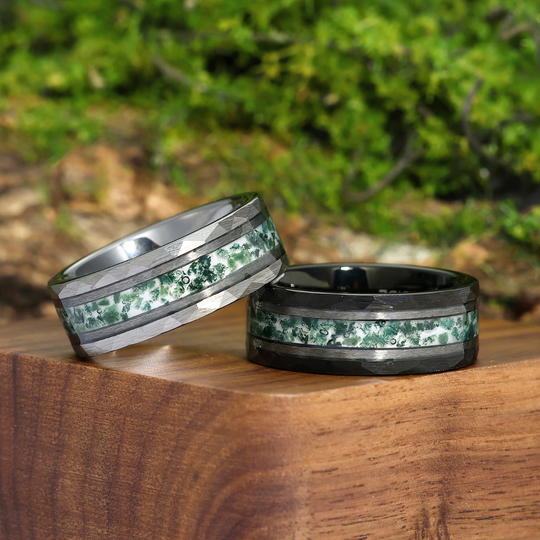 Hammered Moss Agate Tungsten Couple Rings His And Hers Unisex Wedding Bands