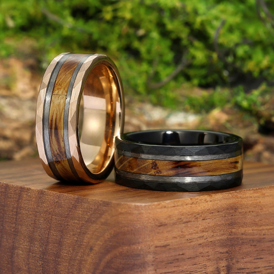 Unique Hammered Wide Wood Tungsten Wedding Bands Promise Couple Rings Set