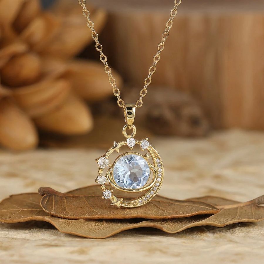 925 Zilveren Fijne Ronde Aquamarijn Maan en Sterren Hanger Ketting 14K Gouden Ketting