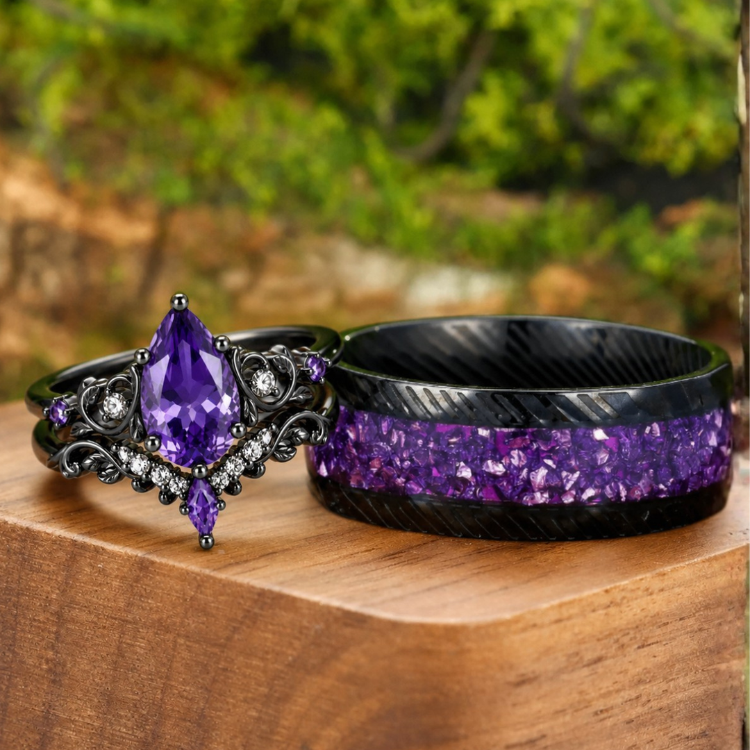 Vine Design Pear Amethyst Black Plated Couple Rings Natural Inspired His And Hers Ring Set