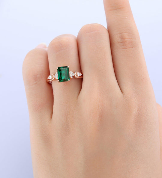 6x8mm emerald cut emerald ring gold vintage emerald engagement ring 14k rose gold unique engagement ring moissanite wedding ring - Esdomera