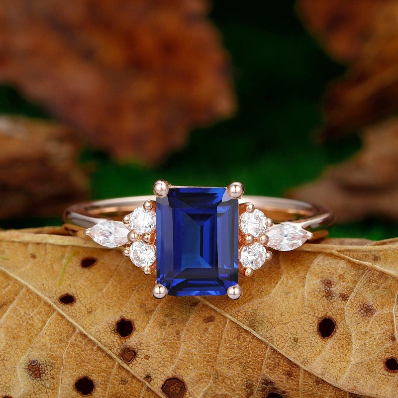 6x8mm Emerald Cut Sapphire Engagement Ring Cluster Moissanite Vintage Wedding Promise Ring - Esdomera