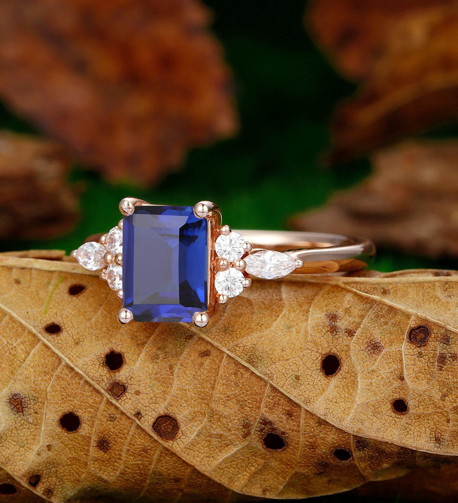 6x8mm Emerald Cut Sapphire Engagement Ring Cluster Moissanite Vintage Wedding Promise Ring - Esdomera
