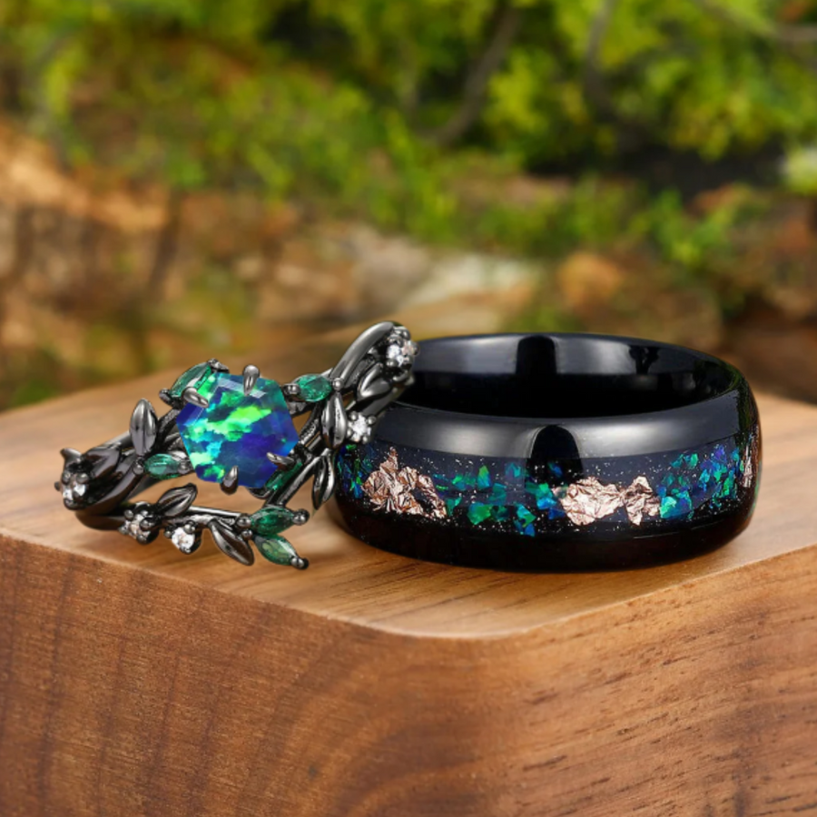 Leaf Design Peacock Green Opal Sprig Engagement Rings Set For Couples Matching Tungsten Promise Rings Couples Set -  Esdomera.com