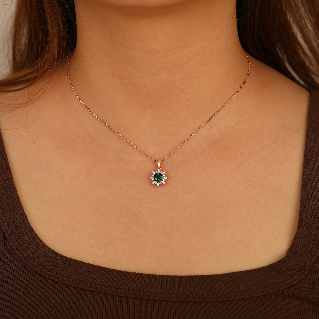 Floral Emerald Pendant Necklace Pave Set Moissanites Anniversary Bridal Pendant