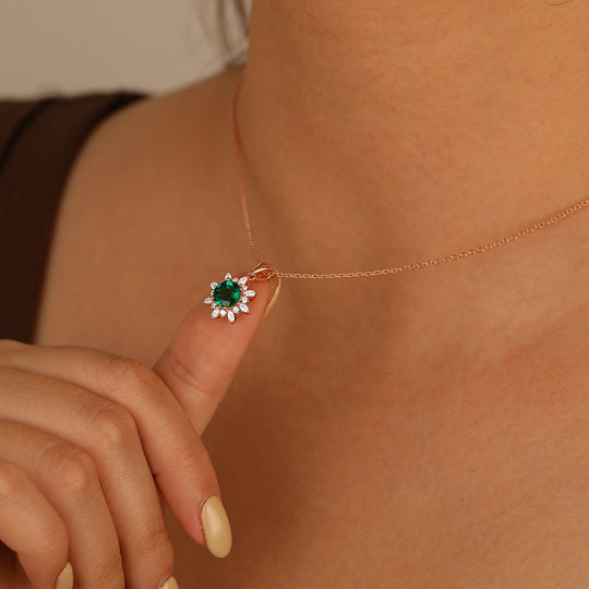 Floral Emerald Pendant Necklace Pave Set Moissanites Anniversary Bridal Pendant