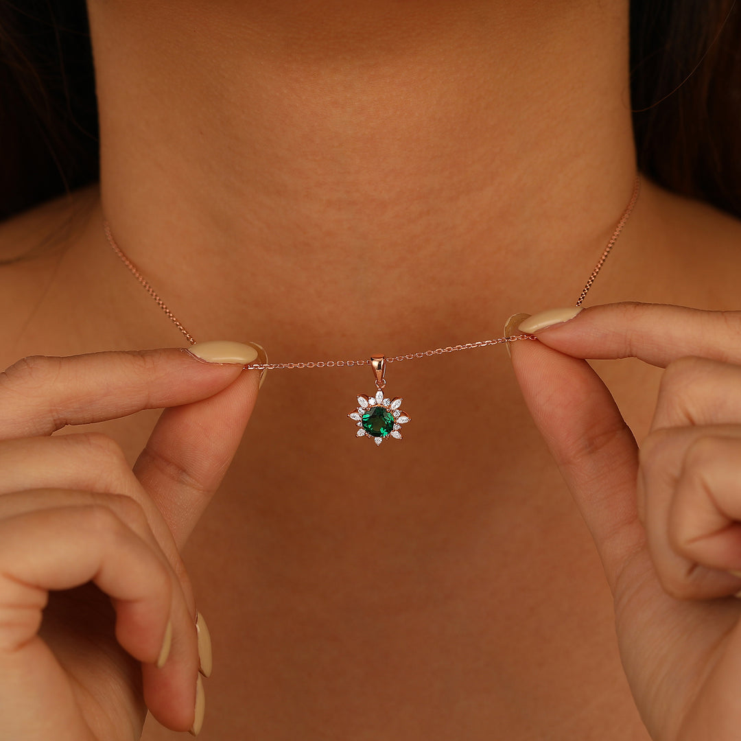 Floral Emerald Pendant Necklace Pave Set Moissanites Anniversary Bridal Pendant