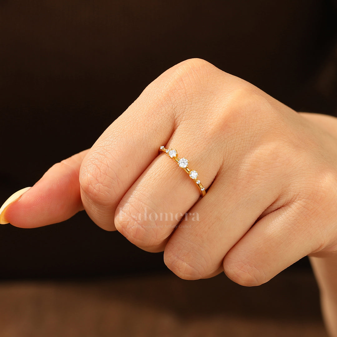Minimalist Seven Stone Moissanite Engagement Ring 14K Yellow Gold Women Band