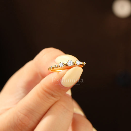 Minimalist Seven Stone Moissanite Engagement Ring 14K Yellow Gold Women Band