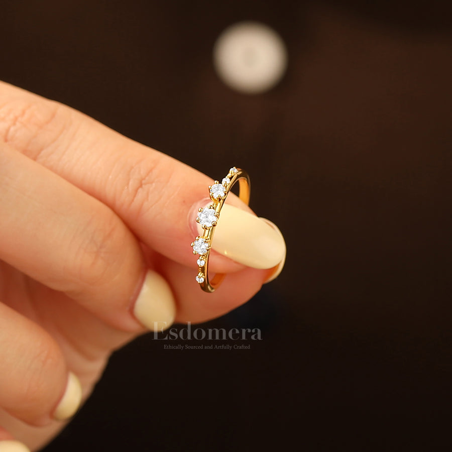 Minimalist Seven Stone Moissanite Engagement Ring 14K Yellow Gold Women Band