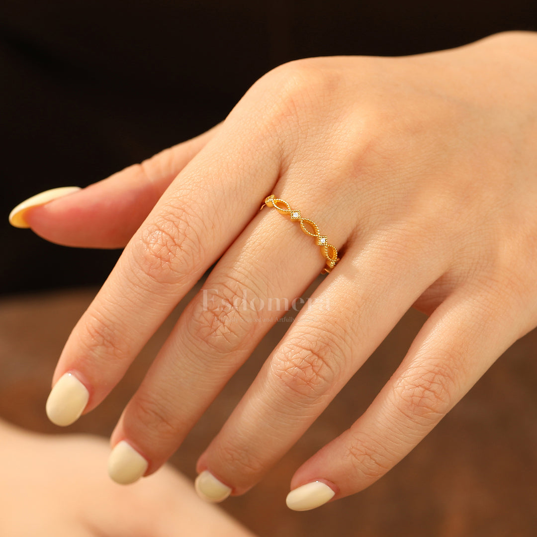Art Deco Milgrain Moissanite Wedding Band 14k Yellow Gold Openwork Stacking Marriage Ring Band