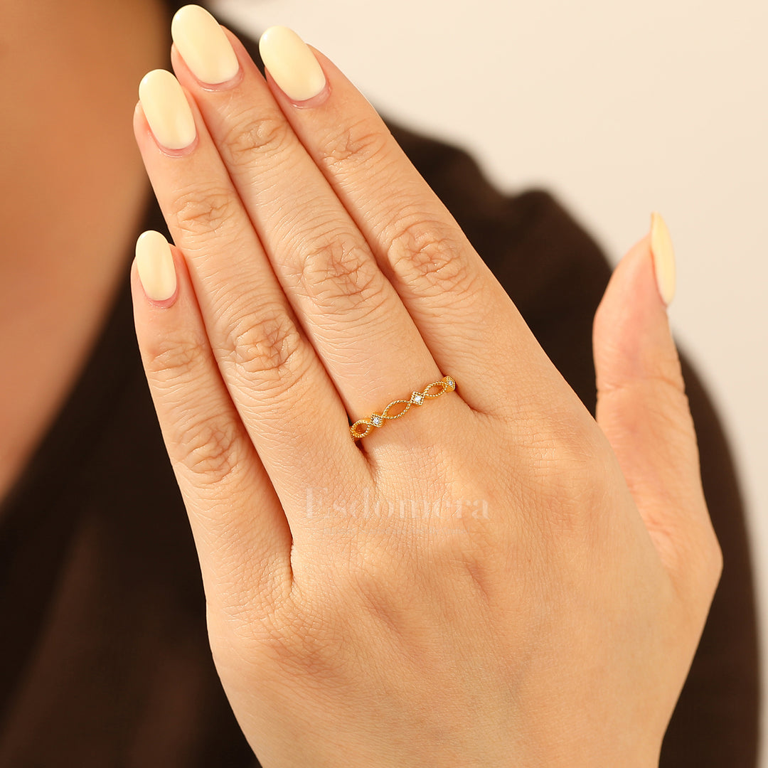 Art Deco Milgrain Moissanite Wedding Band 14k Yellow Gold Openwork Stacking Marriage Ring Band