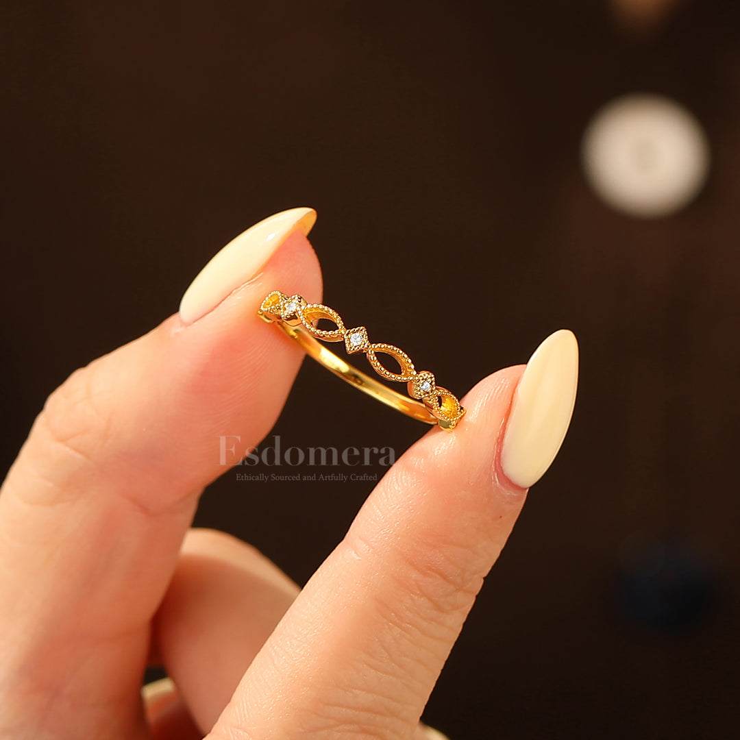 Art Deco Milgrain Moissanite Wedding Band 14k Yellow Gold Openwork Stacking Marriage Ring Band