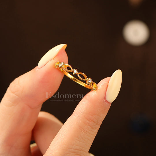 Art Deco Milgrain Moissanite Wedding Band 14k Yellow Gold Openwork Stacking Marriage Ring Band