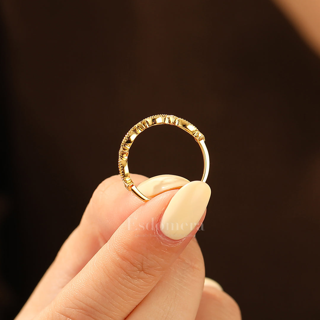 Art Deco Milgrain Moissanite Wedding Band 14k Yellow Gold Openwork Stacking Marriage Ring Band