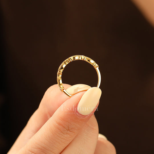 Art Deco Milgrain Moissanite Wedding Band 14k Yellow Gold Openwork Stacking Marriage Ring Band