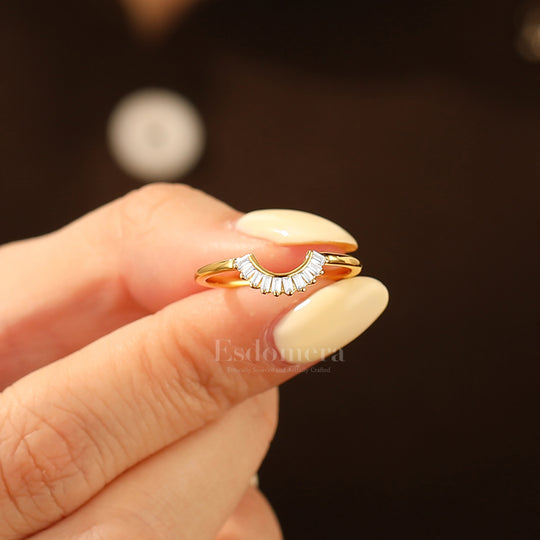 Elegant Minimalist Moissanite Band Curved Wedding Band Solid Yellow Gold Ring For Women