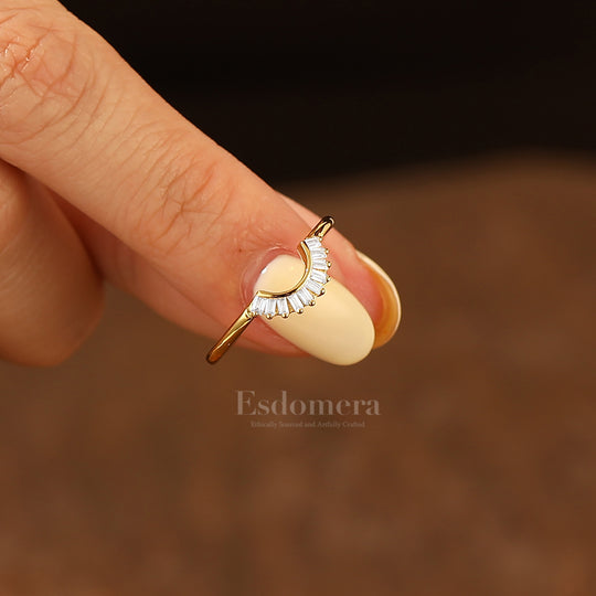 Elegant Minimalist Moissanite Band Curved Wedding Band Solid Yellow Gold Ring For Women