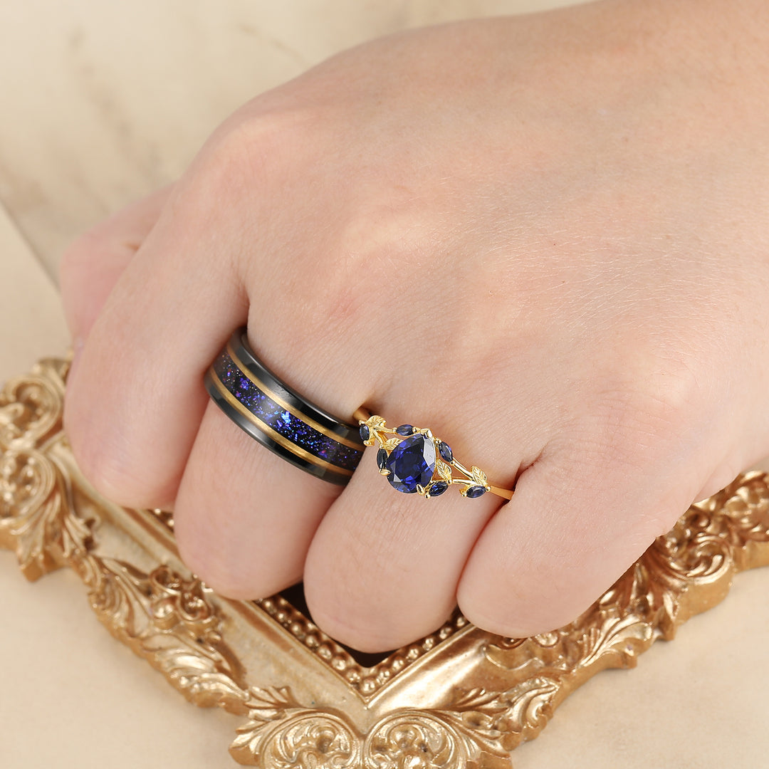 Stylish Leaf Sprig Sapphire Couple Rings Art Deco Matching Rings Set For Couples