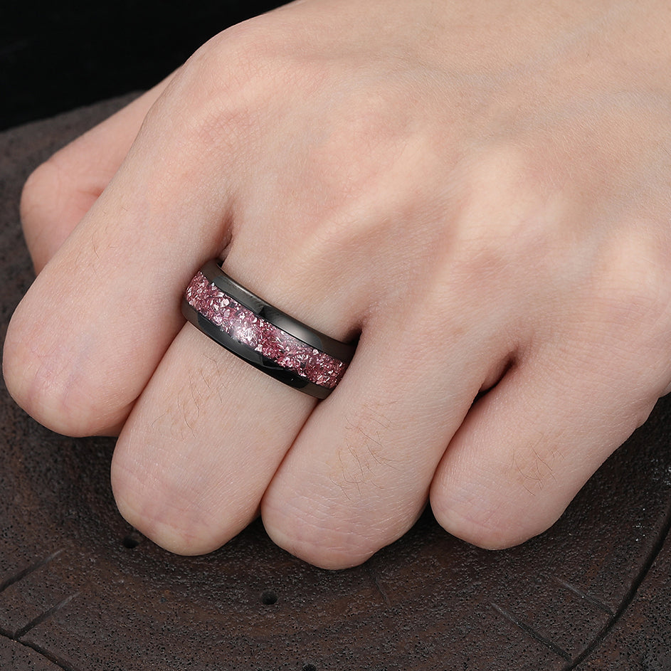 Stylish Pink Sapphire Tungsten Carbide Mens Ring Handmade Unisex 8mm Wedding Band Promise Ring For Couple