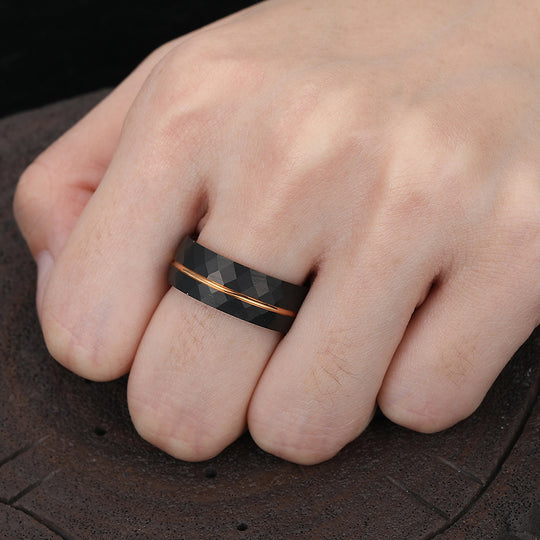 8mm Rose Gold Grooved Black Rhombic Tungsten Men’ s Ring For Birthday Gift