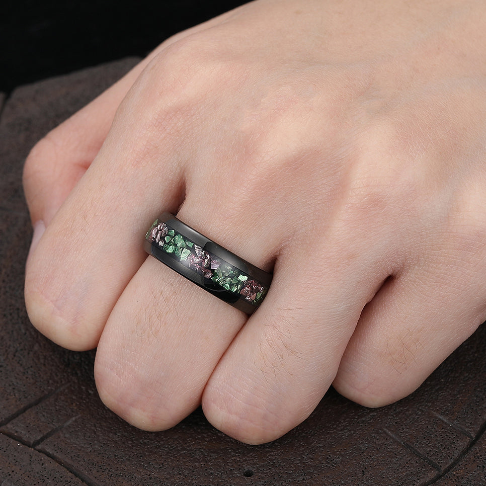 Unique Pink Sapphire Emerald Inlay Mens Tungsten Carbide Ring Dome Black Wedding Anniversary Band For Women