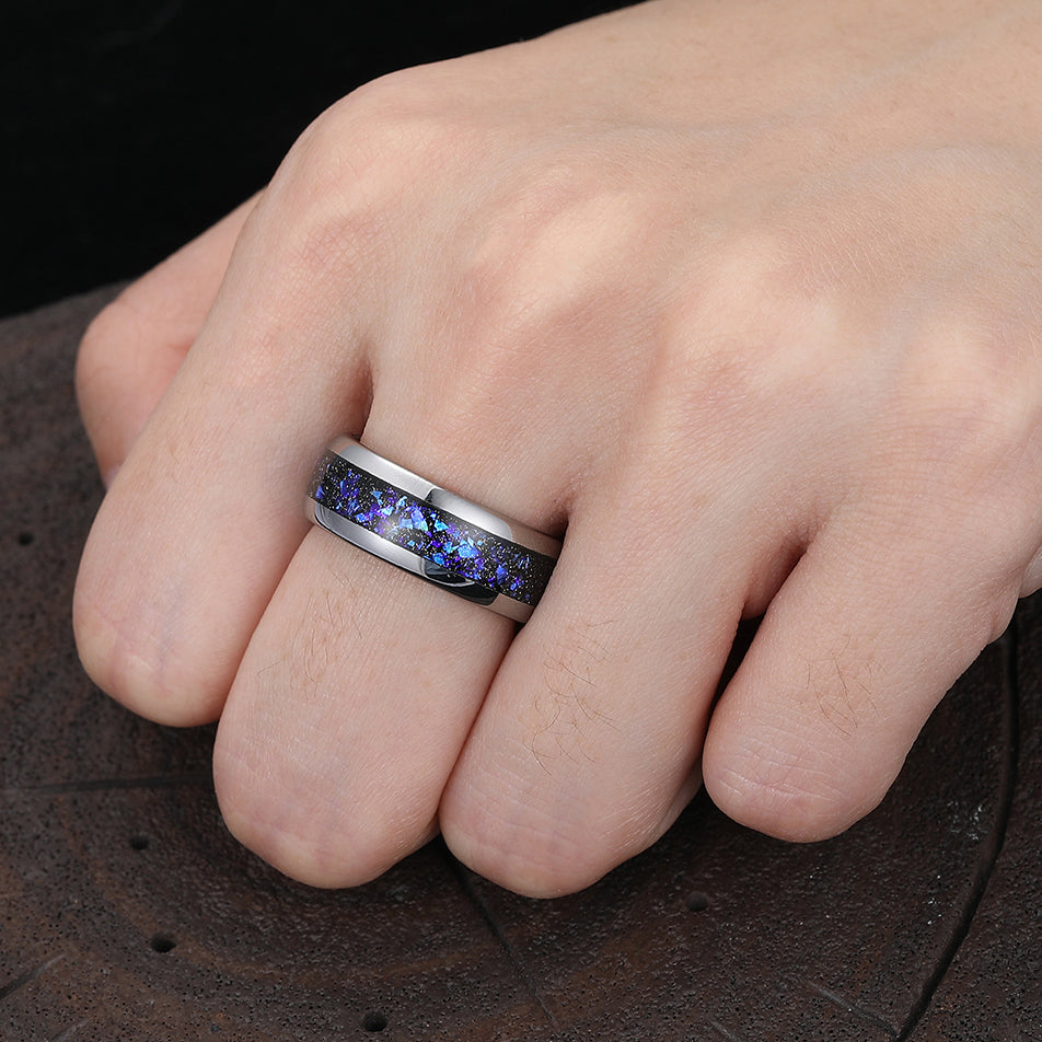 Orion Nebula Blue Sapphire Inlaid Men's Tungsten Carbide Wedding Band 8mm Polished Unsex Promise Ring