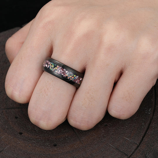 Colorful Opal Pink Sapphire Tungsten Carbide Promise Ring Unisex Polished Dome Wedding Band