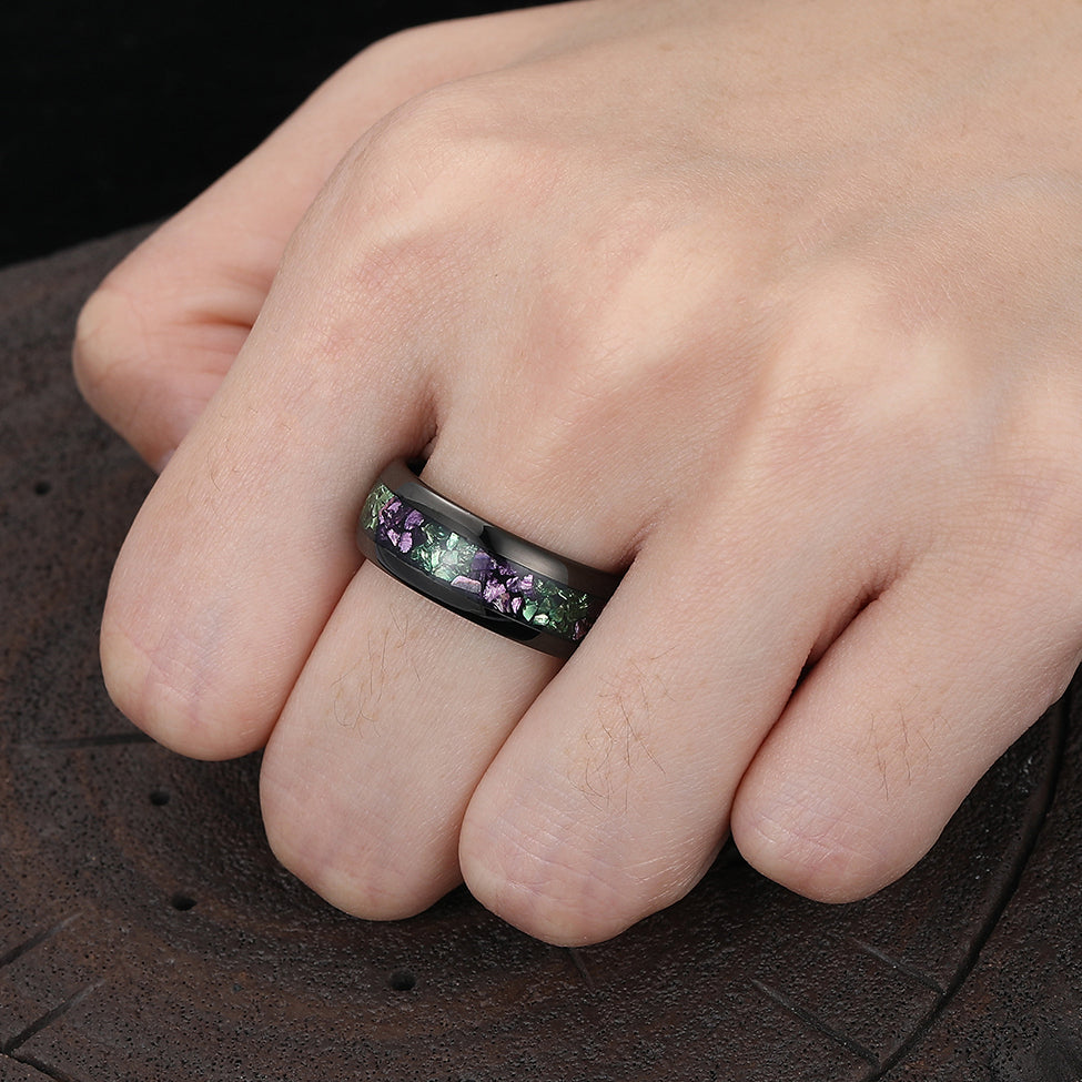 Two-tone Amethyst And Emerald Inlay Tungsten Carbide Mens Ring 8mm Wedding Band Anniversary Women Ring