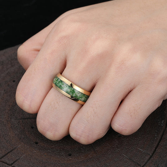 Green Moss Agate Wedding Ring Yellow Gold Tungsten Polished Dome Ring Anniversary Gift For Him