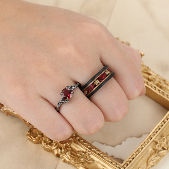 Unique Leaf Design Red Garnet Couple Rings Rose Gold Plated Matching Ring Set His And Hers Rings