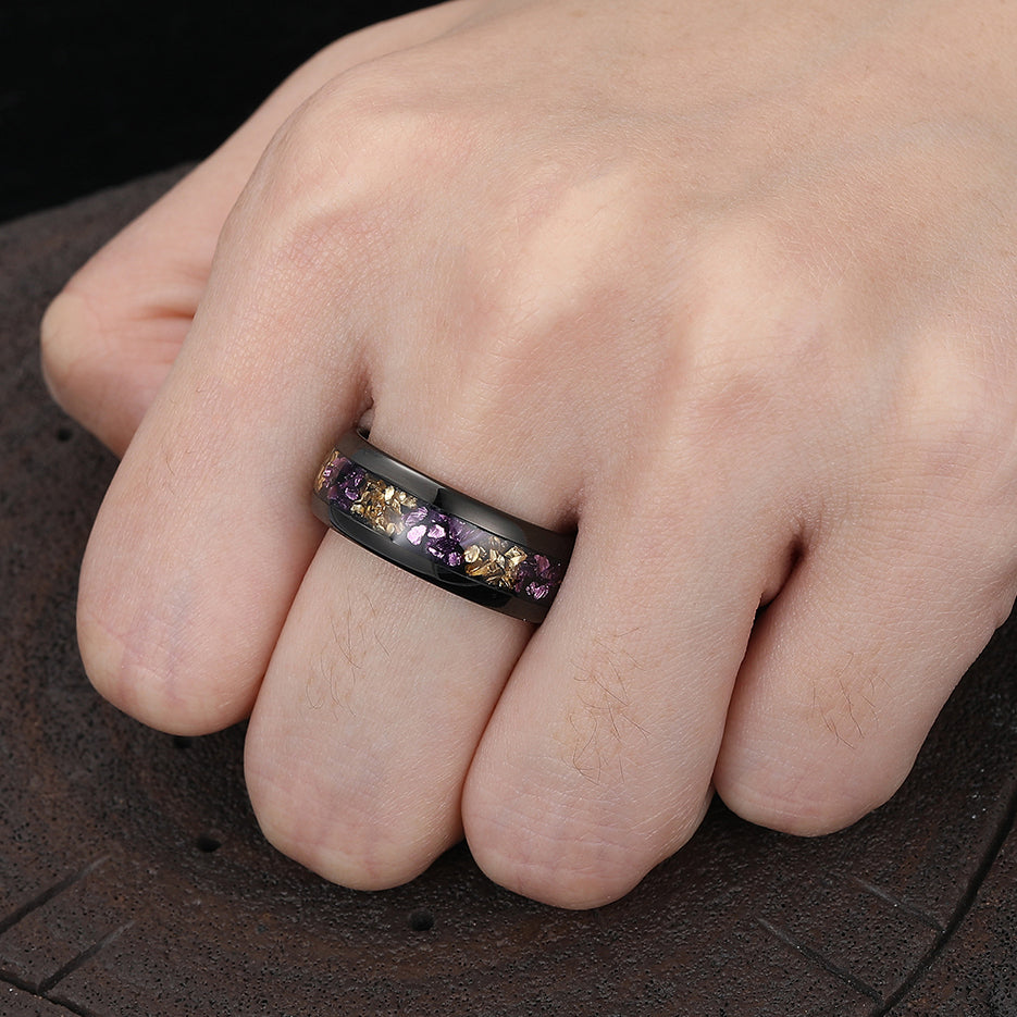 Amethyst and Citrine Inlay Tungsten Carbide Mens Ring Promise 8mm Wide Black Wedding Band Women Ring