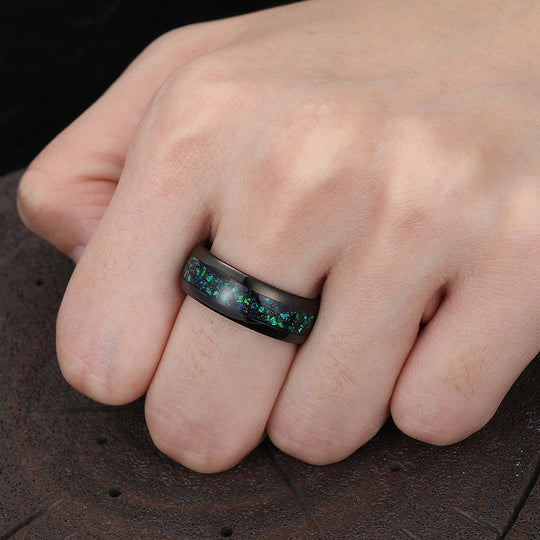 Unique Peacock Green Opal Inlay Tungsten Carbide Mens Ring Black Plated Engagement Wedding Band