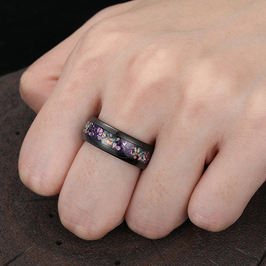 Amethyst & White Opal Wedding Band Black Tungsten Mens Ring Comfort Fit Promise Women Birthday Ring