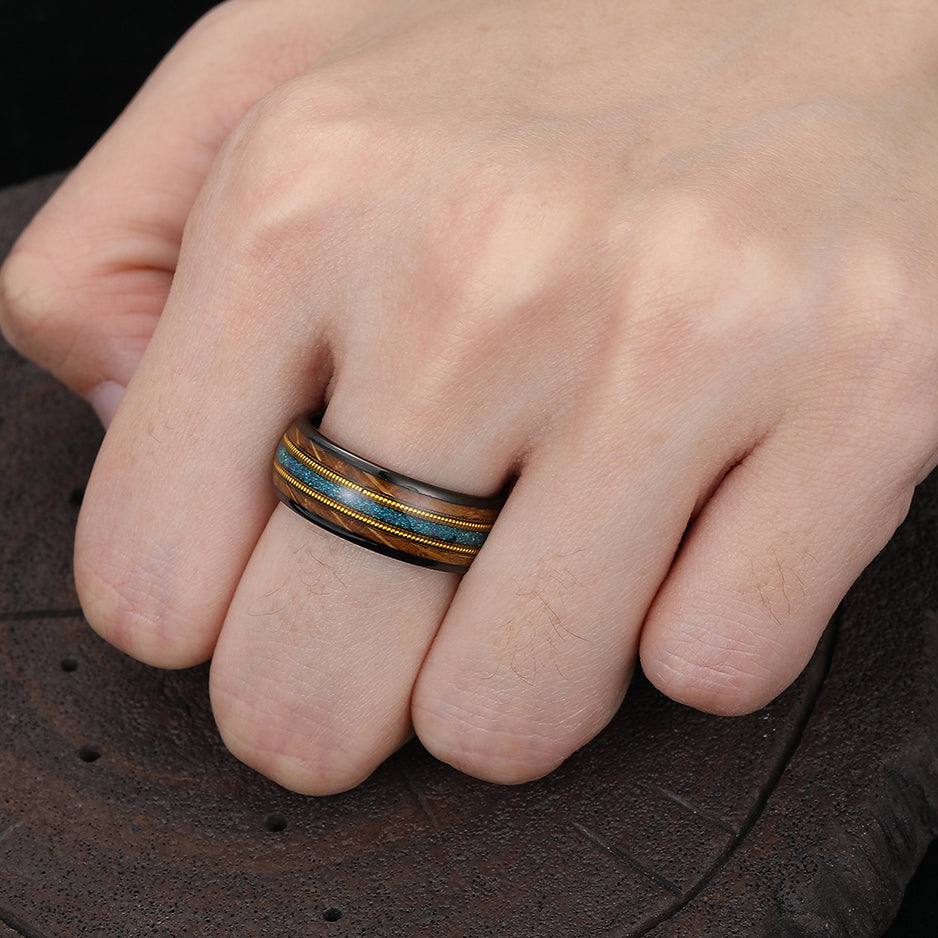 Double Barrel Wood 3A Blue Opal Double Guitar String Men's Tungsten Ring Unisex Wedding Band