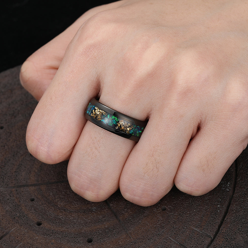 Stylish Peacock Green Opal Citrine Mens Tungsten Carbide Ring 8mm Black Tungsten Wedding Band