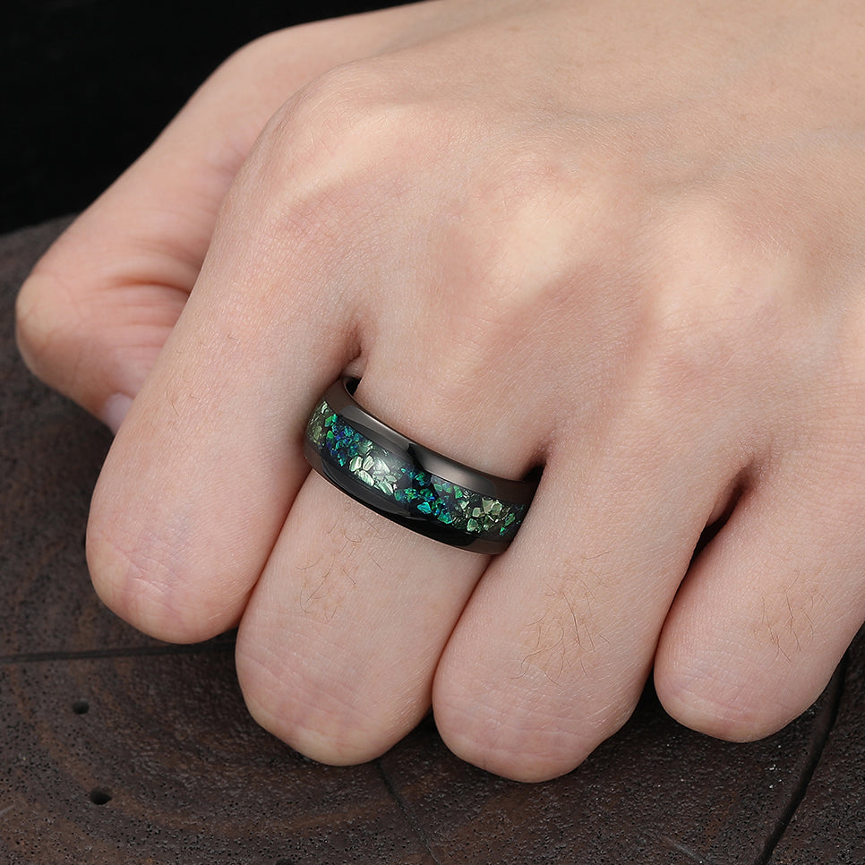 Green Emerald Peacock Green Opal Inlay Mens Tungsten Ring 8mm Black Unisex Ring Wedding Band