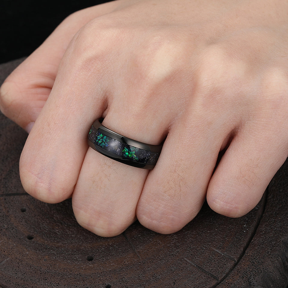 Starry Blue Sandstone Peacock Green Opal Tungsten Wedding Band Anniversary Ring For Men And Women