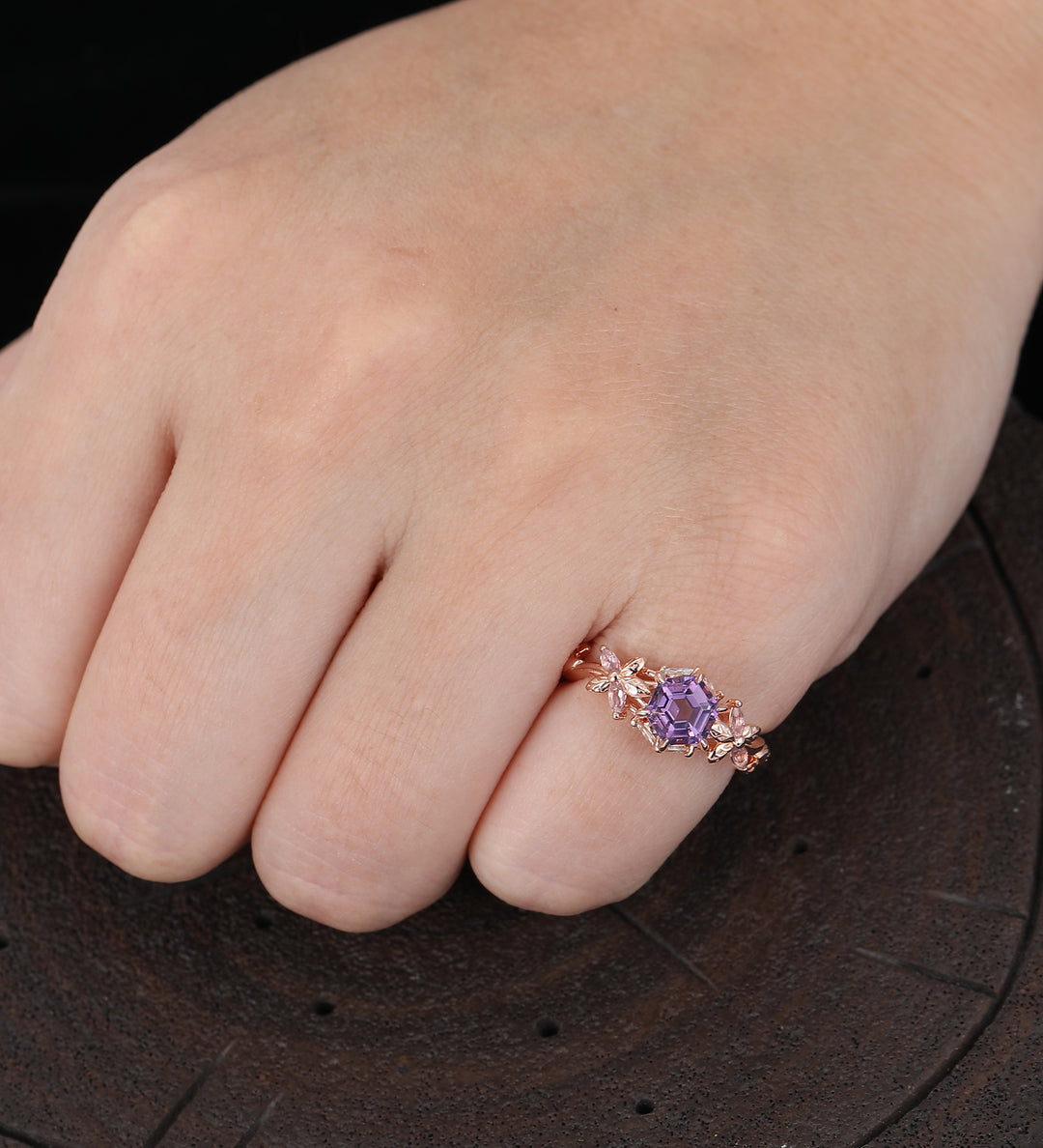 Personalized Hexagon Cut Natural Amethyst Couple Rings Leaf Inspired Rings For Him And Her