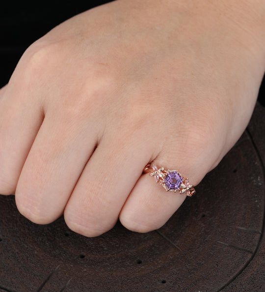 Personalized Hexagon Cut Natural Amethyst Couple Rings Leaf Inspired Rings For Him And Her